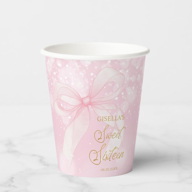 Lovely Coquette Pink Ribbon Bows Sweet 16 Sixteen Paper Cups (Front)