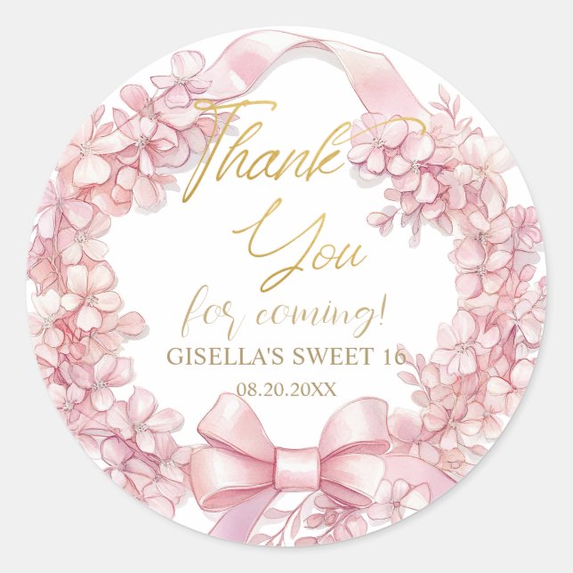 Lovely Coquette Pink Ribbon Bows Sweet Sixteen 16 Classic Round Sticker (Front)