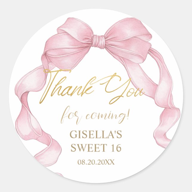 Lovely Coquette Pink Ribbon Bows Sweet Sixteen 16 Classic Round Sticker (Front)
