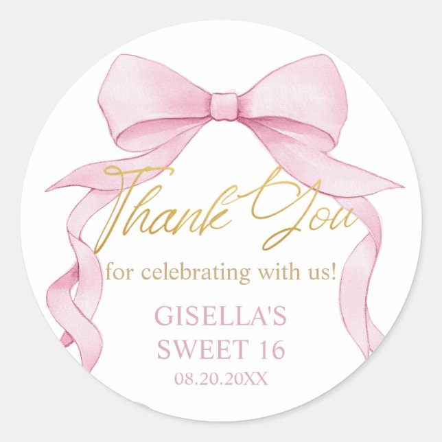 Lovely Coquette Pink Ribbon Bows Sweet Sixteen 16 Classic Round Sticker (Front)