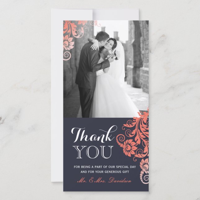 Lovely Coral and Blue Thank You Photo Card (4x8) (Front)