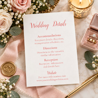Lovely Coral and White Wedding details  Enclosure Card