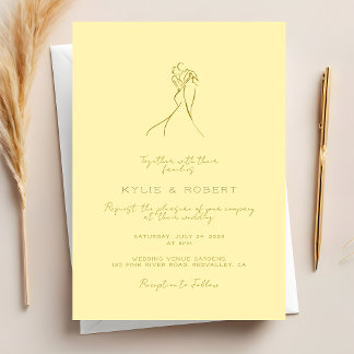 Lovely Couple Drawn Script Butter Yellow Wedding Invitation