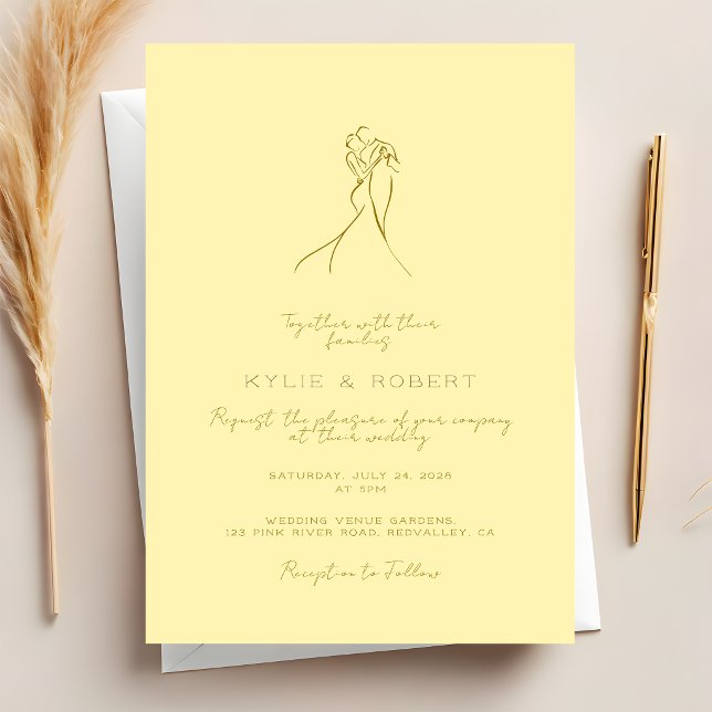 Lovely Couple Drawn Script Butter Yellow Wedding Invitation (Creator Uploaded)