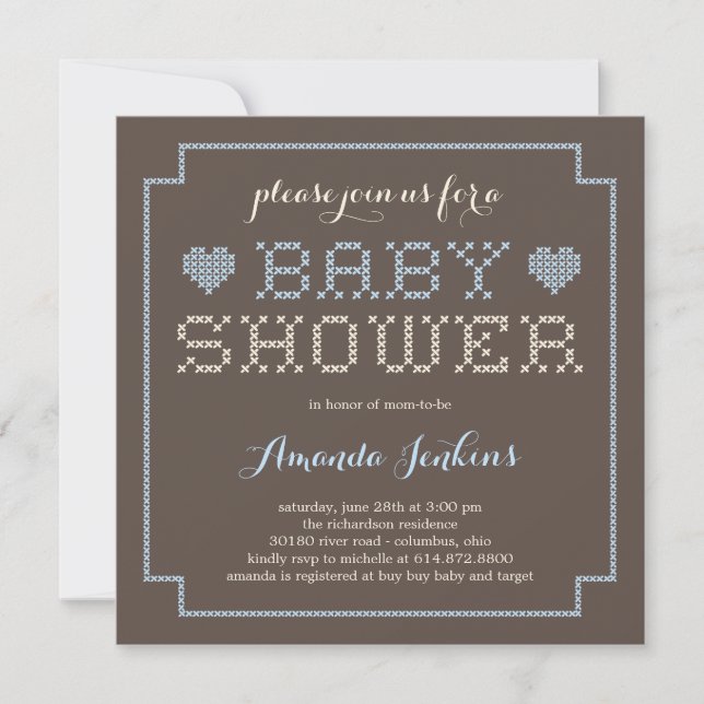Lovely Cross Stitch Baby Shower Invitation - Blue (Front)