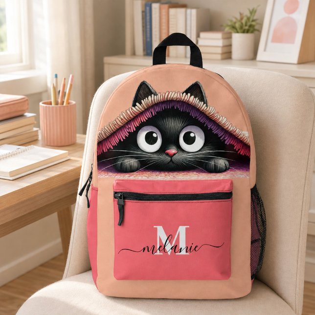 Lovely Cute Black Kitten Peach Pink Custom Name  Printed Backpack (Lovely Cute Kitten Custom Monogram Script Name Printed Backpack)