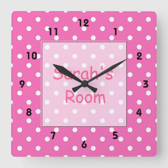 Lovely, cute customise, personal pink polka dots square wall clock (Front)