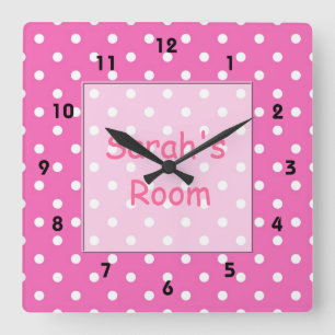 Lovely, cute customise, personal pink polka dots square wall clock