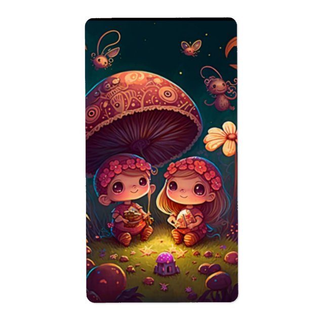Lovely cute elves play under mushrooms    (Front)