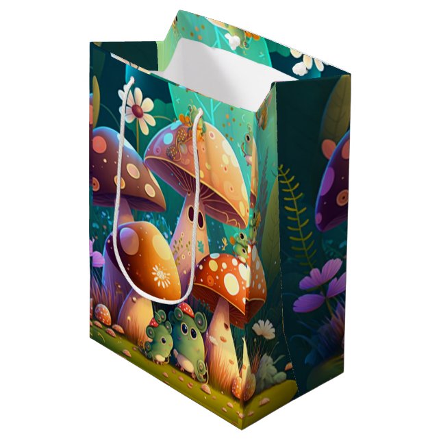 Lovely cute elves play under mushrooms    gift bag (Front Angled)