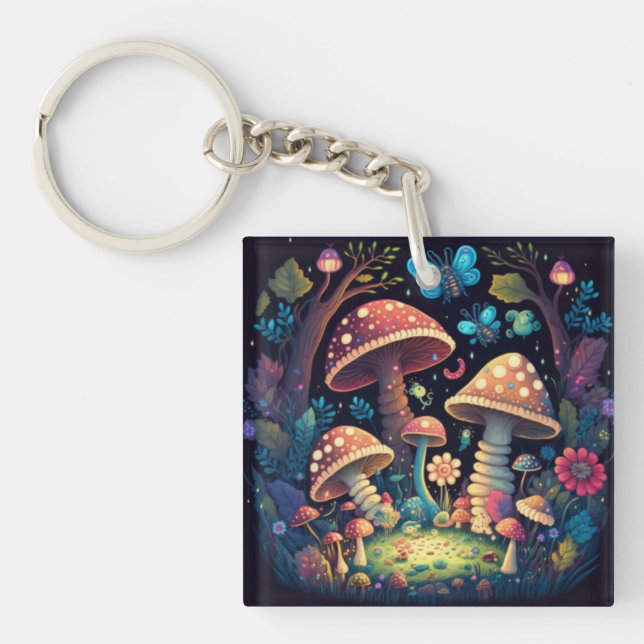 Lovely cute elves play under mushrooms       key ring (Front)