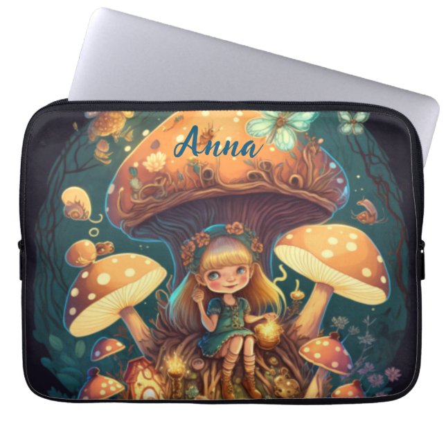 Lovely cute elves play under mushrooms  laptop sleeve (Front)