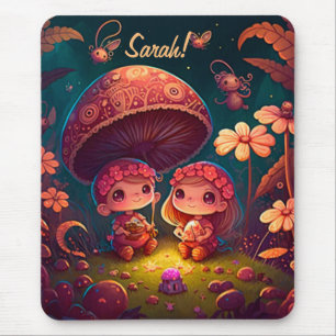 Lovely cute elves play under mushrooms             mouse mat