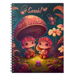Lovely cute elves play under mushrooms notebook