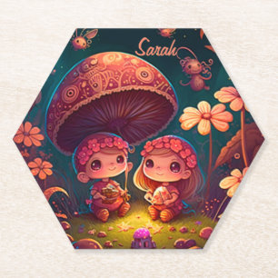 Lovely cute elves play under mushrooms      paper coaster