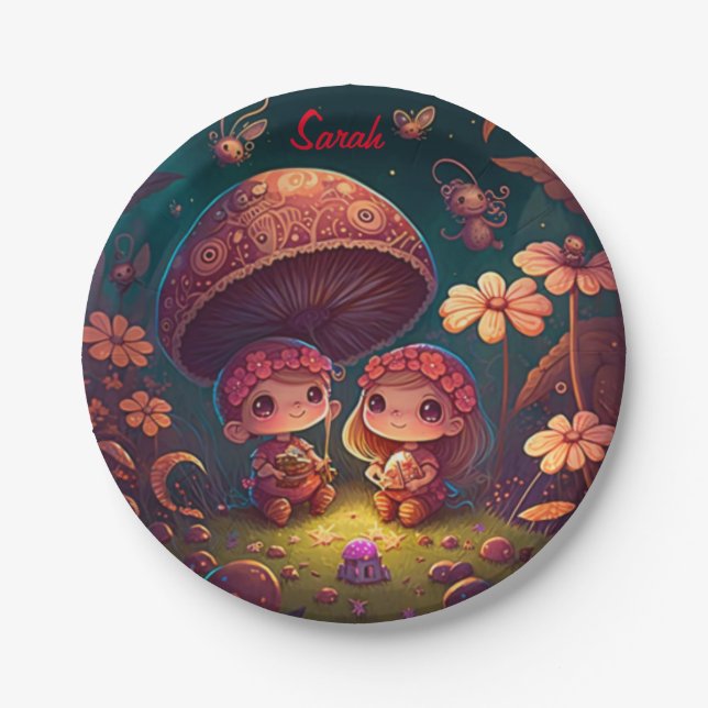 Lovely cute elves play under mushrooms    paper plate (Front)