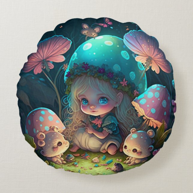 Lovely cute elves play under mushrooms  pillows (Front)