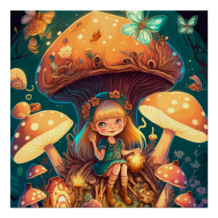 Lovely cute elves play under mushrooms    poster
