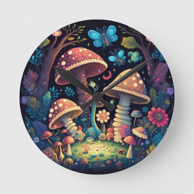 Lovely cute elves play under mushrooms   round clock (Front)