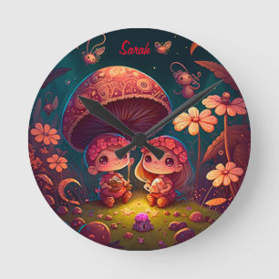 Lovely cute elves play under mushrooms round clock