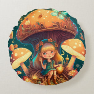 Lovely cute elves play under mushrooms     round cushion
