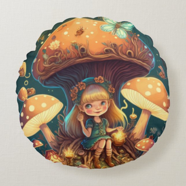 Lovely cute elves play under mushrooms     round cushion (Front)