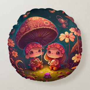 Lovely cute elves play under mushrooms     round p cushion
