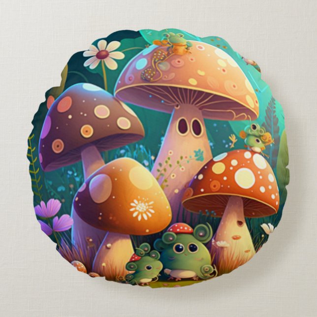 Lovely cute elves play under mushrooms     round p cushion (Front)