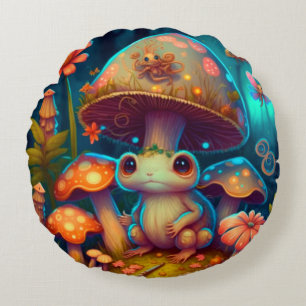 Lovely cute elves play under mushrooms     round p cushion