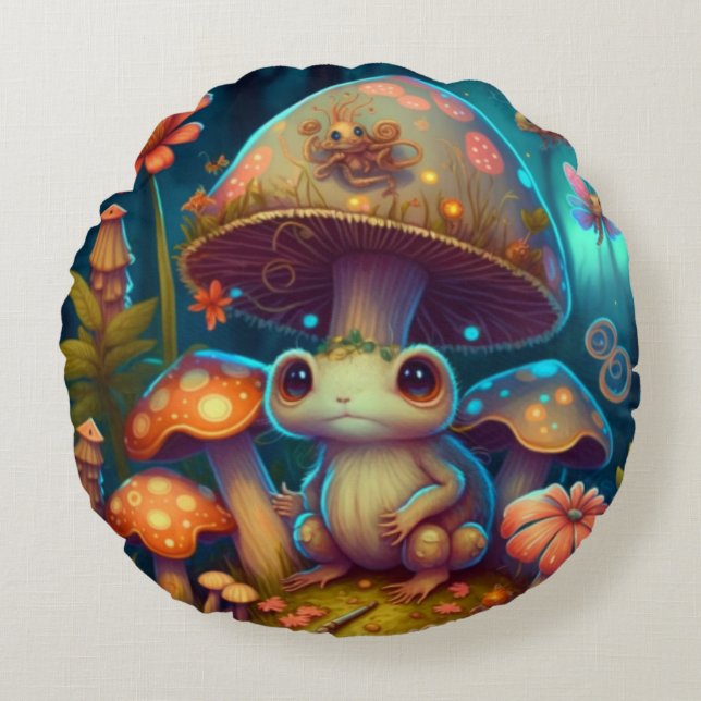 Lovely cute elves play under mushrooms     round p cushion (Front)