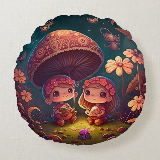 Lovely cute elves play under mushrooms     round p round cushion (Front)