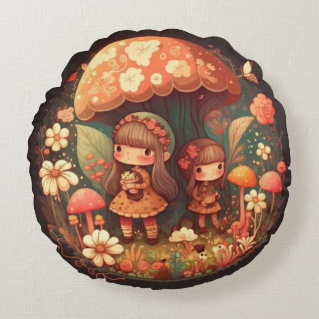 Lovely cute elves play under mushrooms     round p round cushion (Front)