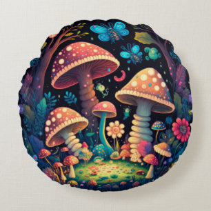 Lovely cute elves play under mushrooms round p round cushion