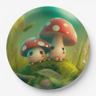 Lovely cute elves play under mushrooms  round pill paper plate