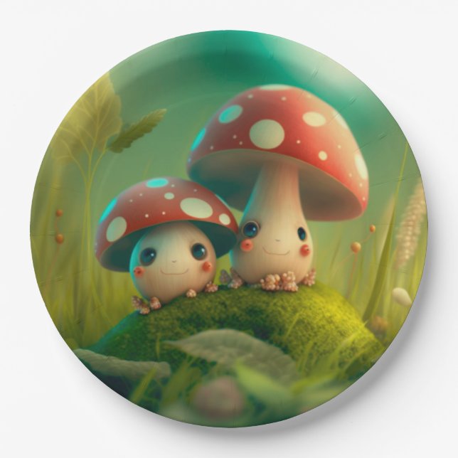 Lovely cute elves play under mushrooms  round pill paper plate (Front)