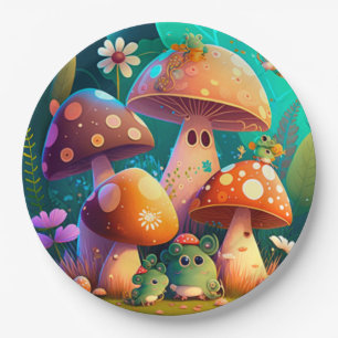 Lovely cute elves play under mushrooms  round pill paper plate