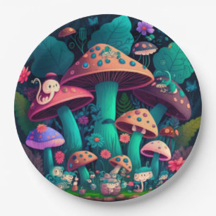 Lovely cute elves play under mushrooms  round pill paper plate