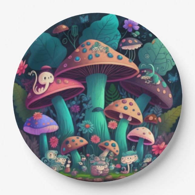Lovely cute elves play under mushrooms  round pill paper plate (Front)