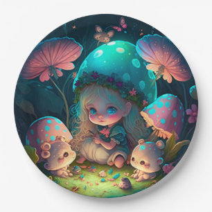 Lovely cute elves play under mushrooms  round pill paper plate