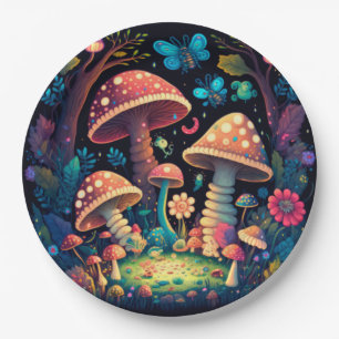 Lovely cute elves play under mushrooms round pill paper plate