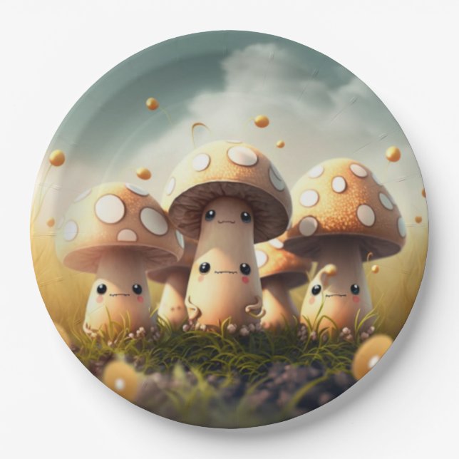 Lovely cute elves play under mushrooms  round pill paper plate (Front)