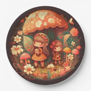 Lovely cute elves play under mushrooms  round pill paper plate