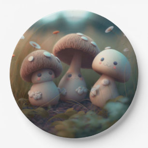 Lovely cute elves play under mushrooms  round pill paper plate