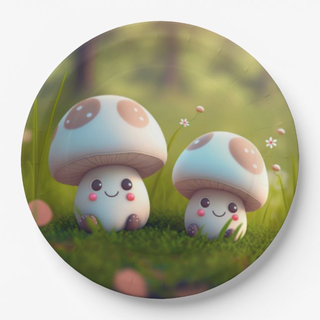 Lovely cute elves play under mushrooms  round pill paper plate (Front)