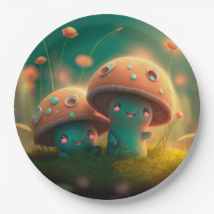 Lovely cute elves play under mushrooms  round pill paper plate