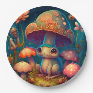 Lovely cute elves play under mushrooms  round pill paper plate