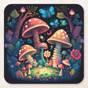 Lovely cute elves play under mushrooms round pill square paper coaster