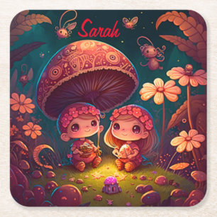 Lovely cute elves play under mushrooms square paper coaster