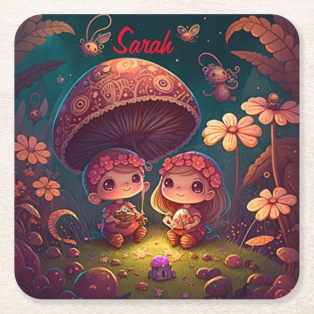 Lovely cute elves play under mushrooms     square paper coaster (Front)