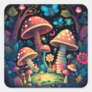 Lovely cute elves play under mushrooms     square sticker